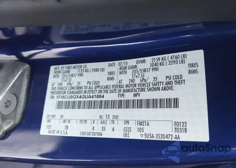 2016 Ford Escape Se z USA, uszkodzony, nr VIN 1FMCU9GX4GUA41884